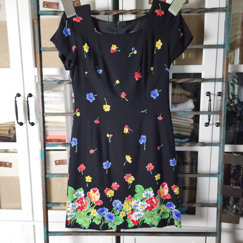 4 vintage black with colorful floral midi short dress made in USA